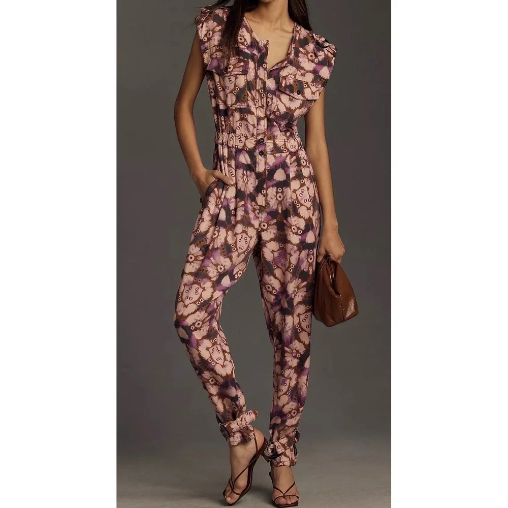 Anthropologie Maeve Purple Abstract Floral Cutout Back Ankle Tie Jumpsuit S - Picture 1 of 14